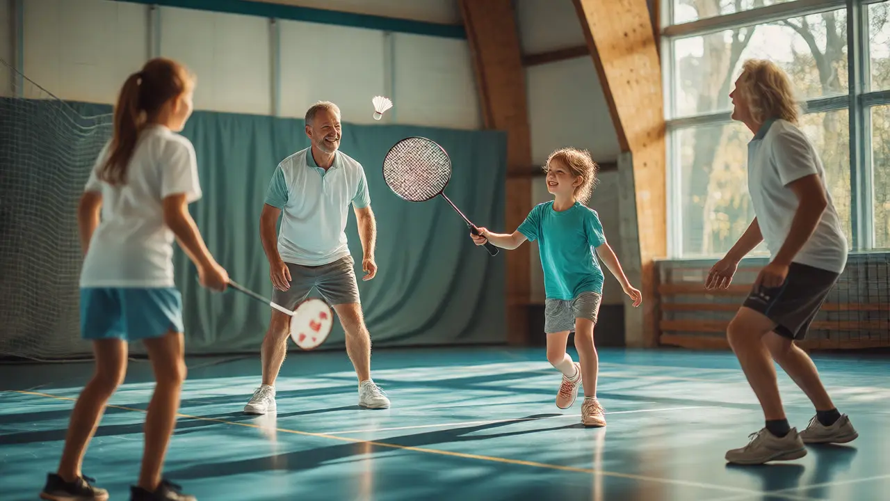 Rodina hraje uvolněný zápas ve čtyřhře na vnitřním badmintonovém dvorci.