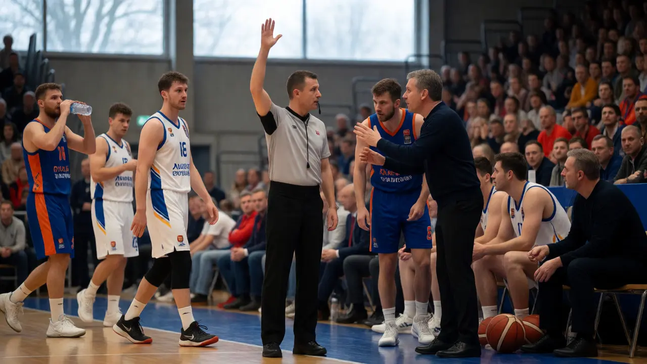 Rozhodčí signalizuje přerušení hry během taktické pauzy u krajnice