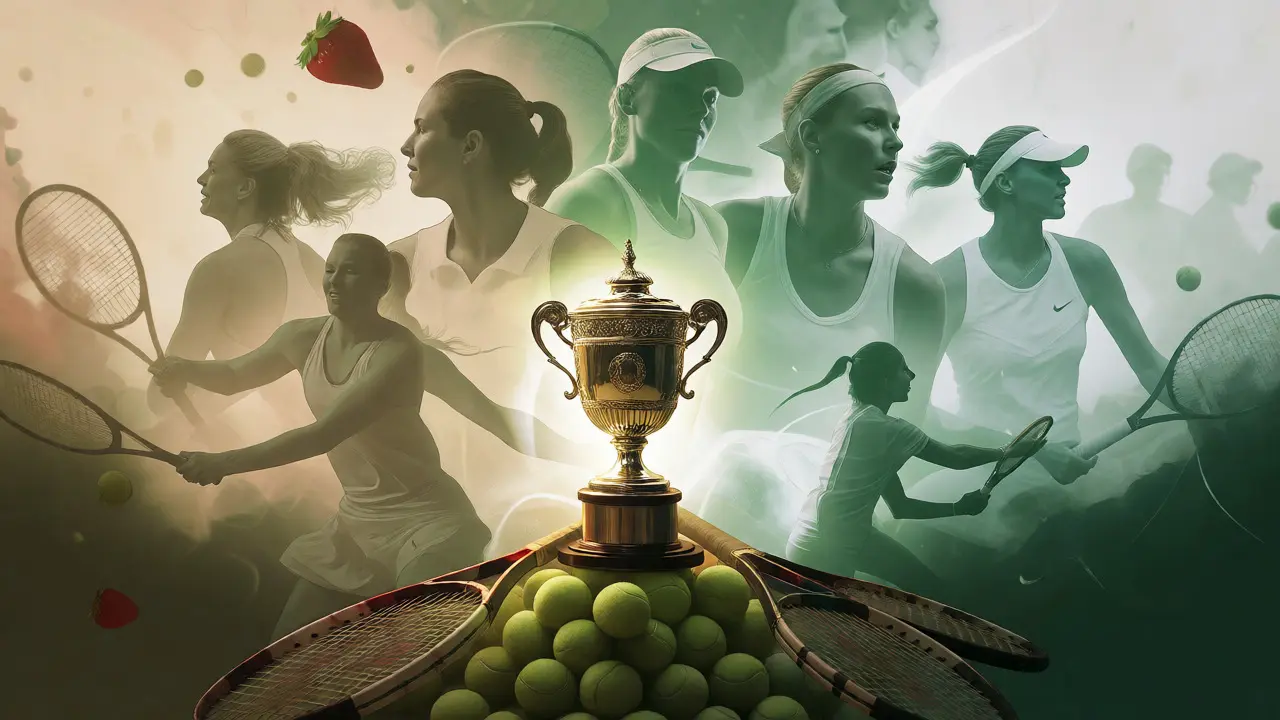 Umělecká ilustrace trofeje Wimbledonu s průsvitnými postavami legendárních šampionek.