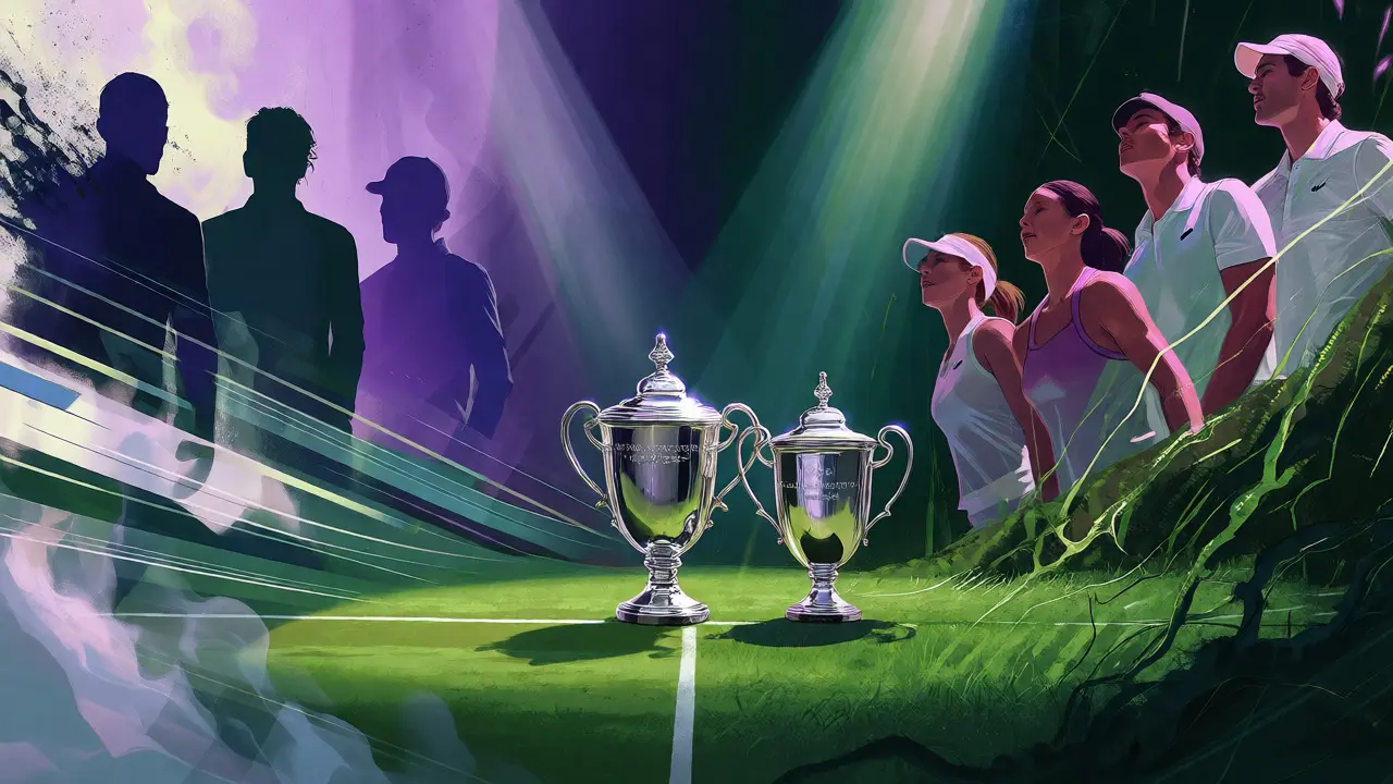 Artistic depiction of new tennis champions and silver trophies