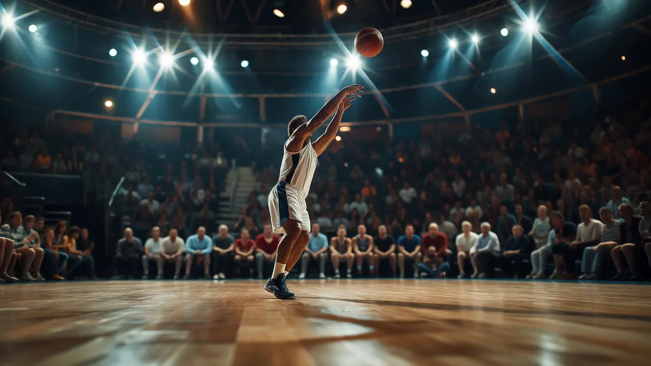 Basketbalista střílí trojku z vrcholu klíče v aréně při dramatickém nasvícení