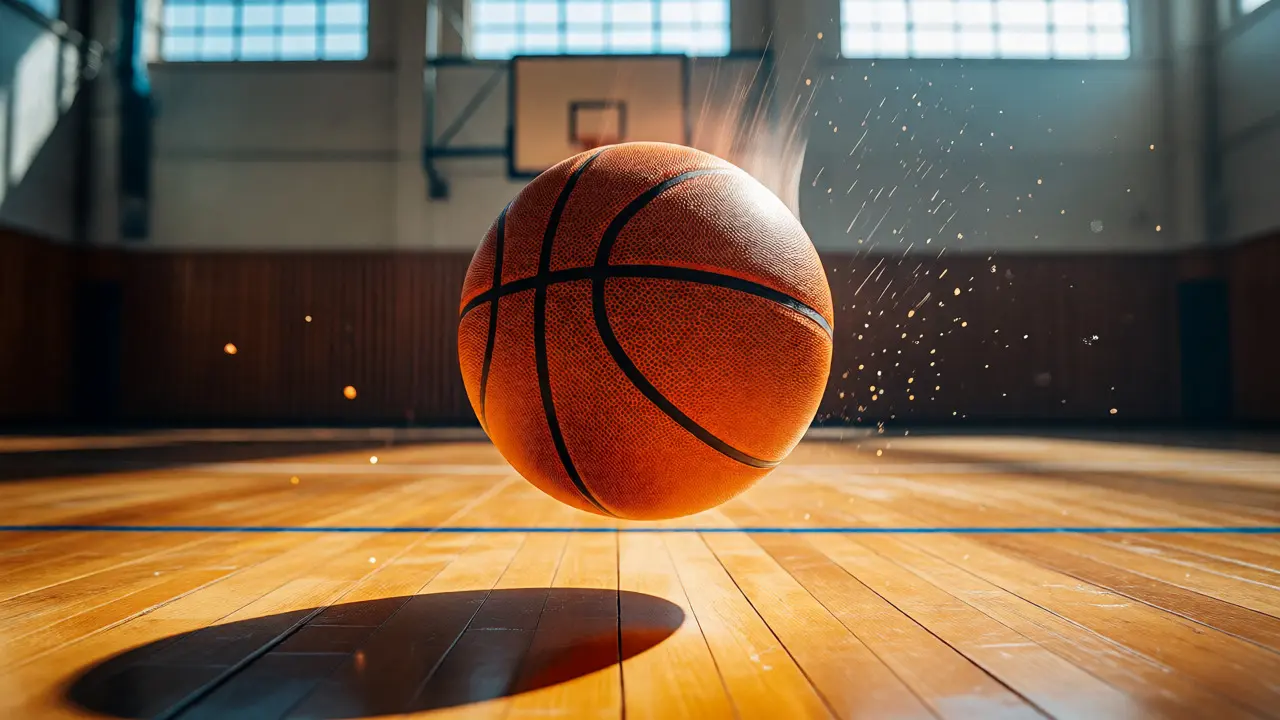 Basketbalový míč v energii odrazu na lesklé parketové podlaze