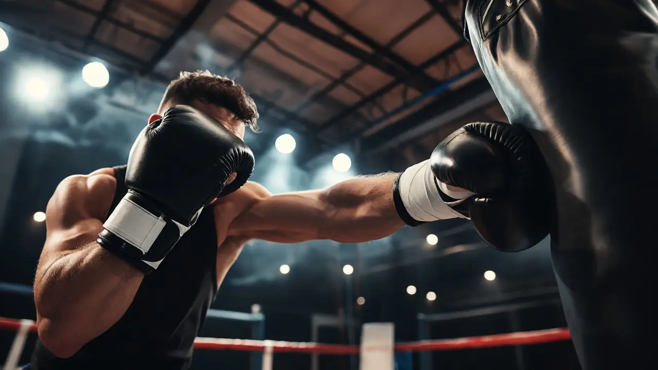 Boxer v rukavicích udeřuje do pytle, demonstrující stabilitu zápěstí při úderu.