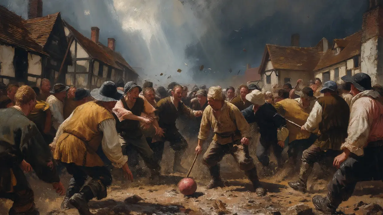 Chaotická středověká hra mob football mezi vesničany v Anglii
