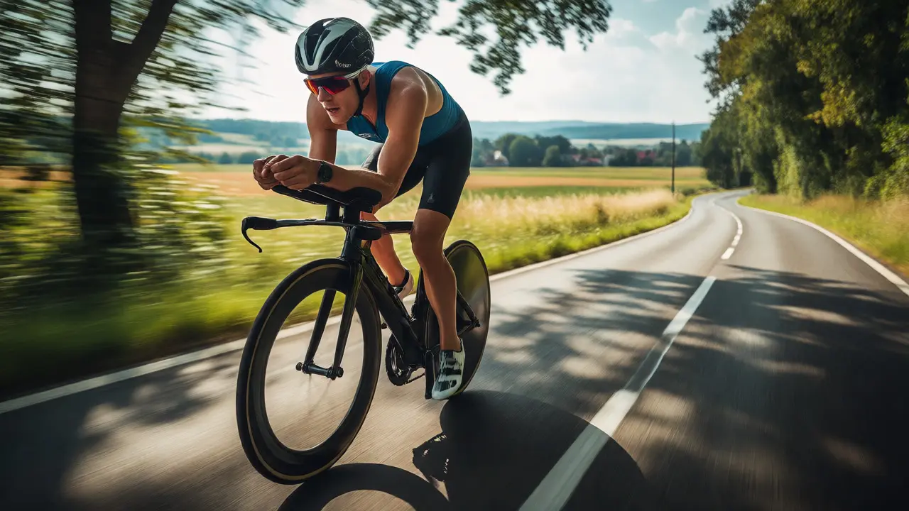 Cyklista v aerodynamické pozici jede na kole po venkovské silnici v Česku.