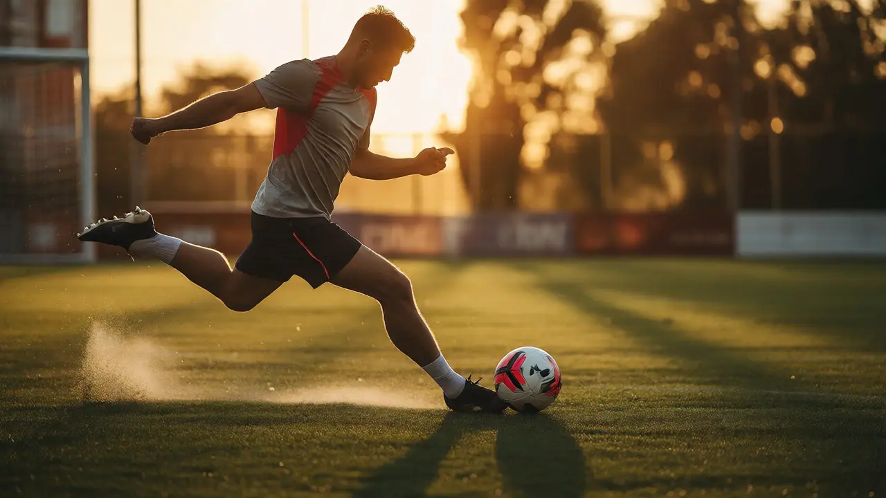 Fotbalista v dynamické pozici s dokončeným pohybem po silném kopu