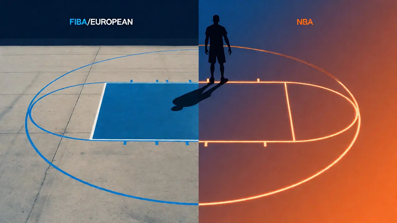 Ilustrace porovnávající tvar tříbodové čáry podle pravidel FIBA a NBA