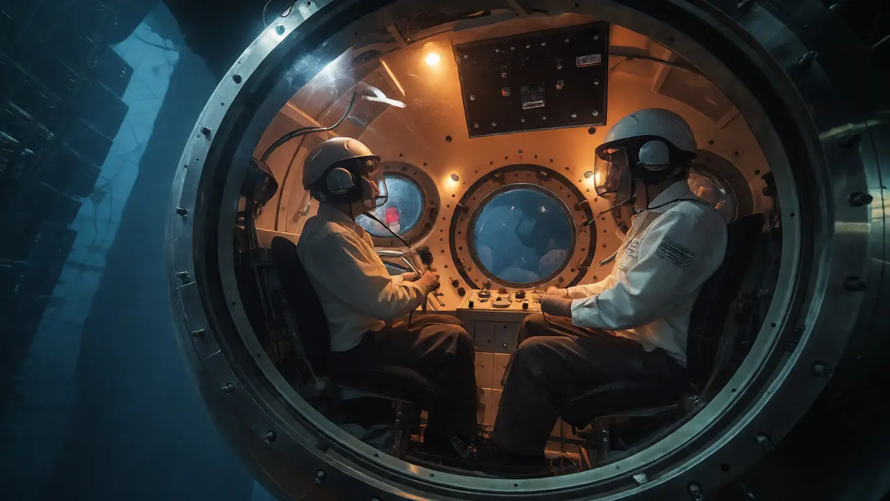 Interiér kulaté kabiny hlubinné ponorky s piloty před okénkem do tmy