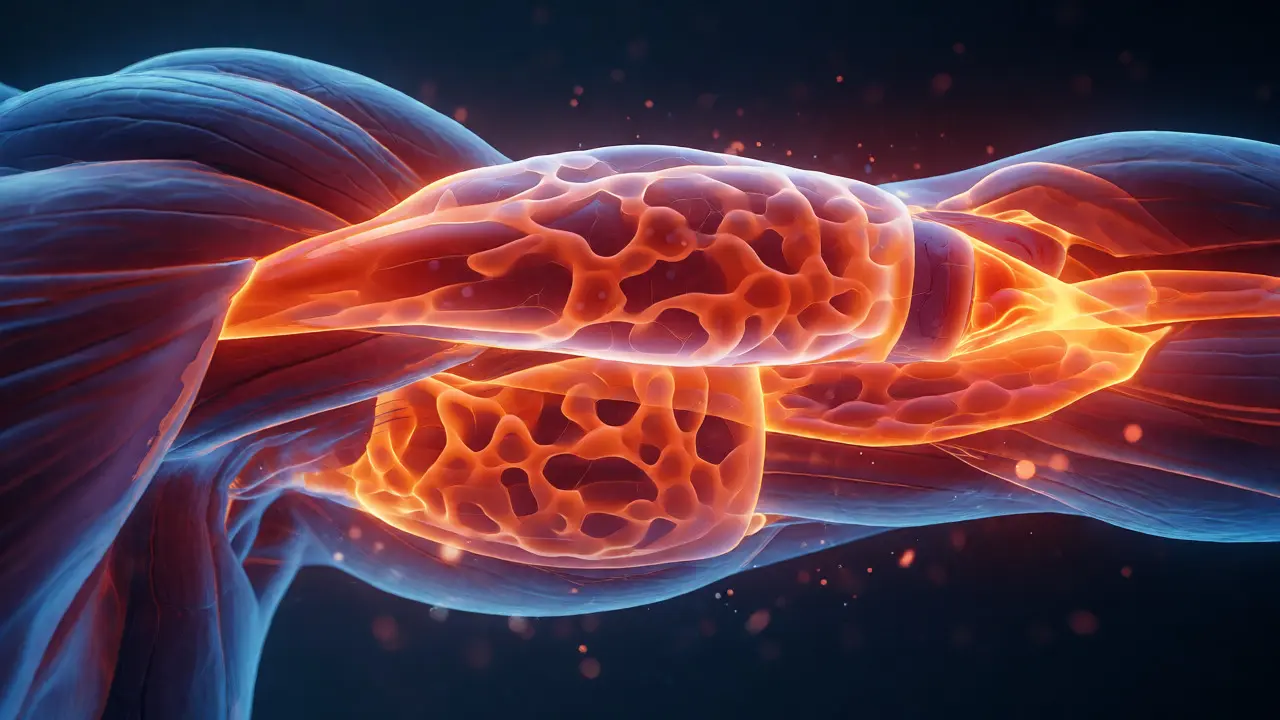 Konceptuální vizualizace svalových vláken při metabolickém stresu