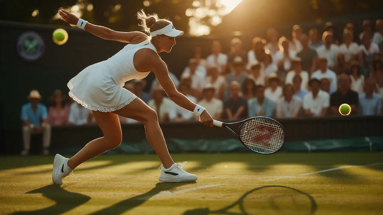 Left-handed female tennis player hitting a backhand slice on grass