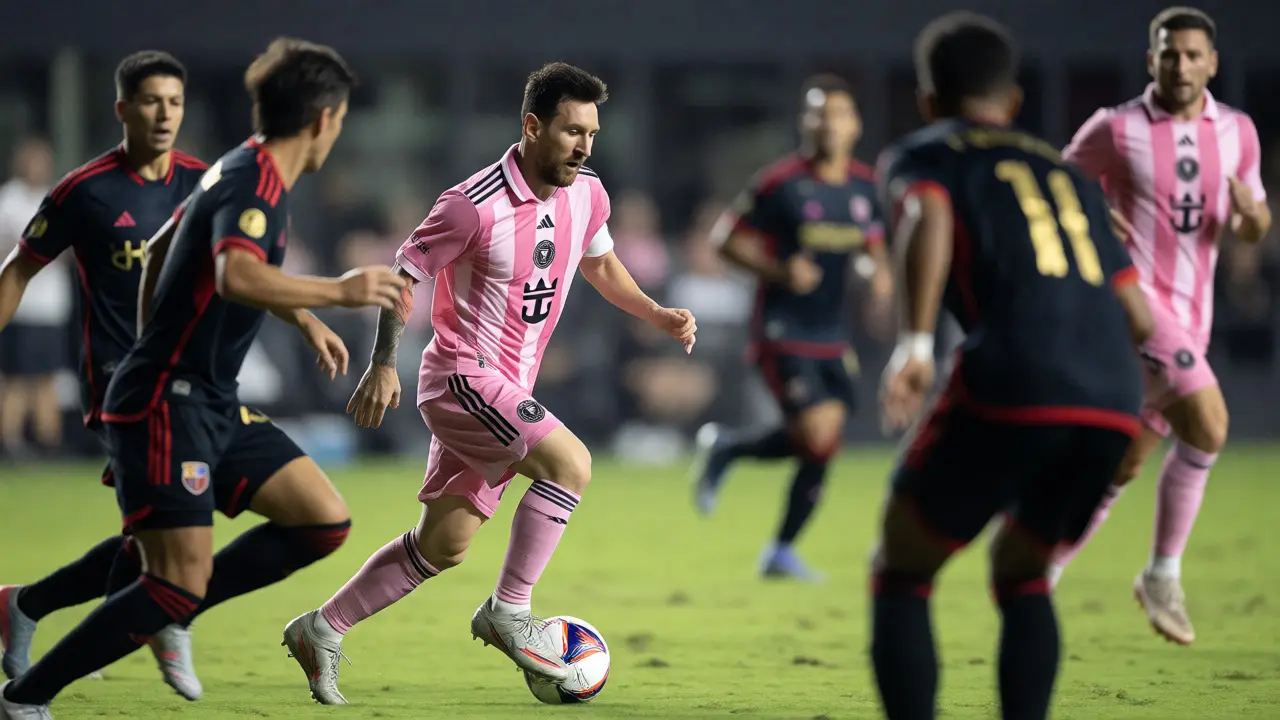 Messi v akci při driblingu během zápasu MLS proti obráncům soupeře