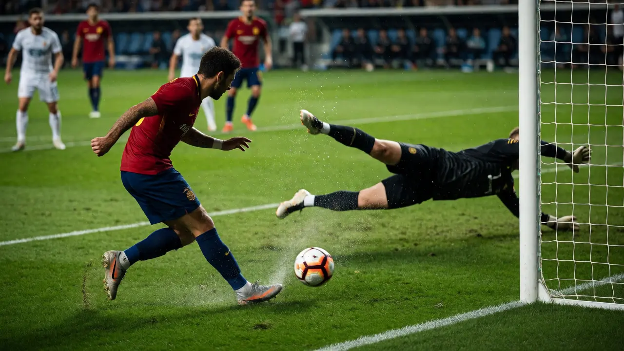 Moment kopnutí míče při penaltě s brankářem v letu na záchranu