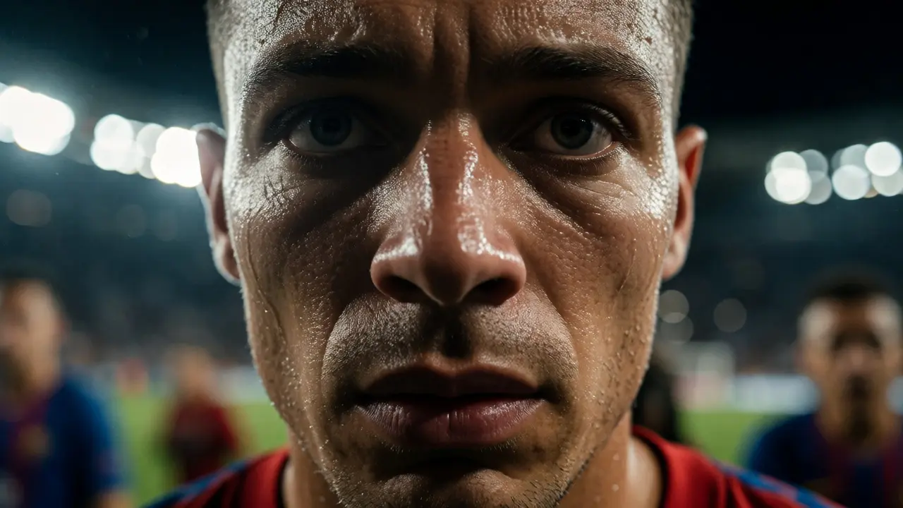 Obličej fotbalisty plný stresu a soustředění během penaltového rozstřelu