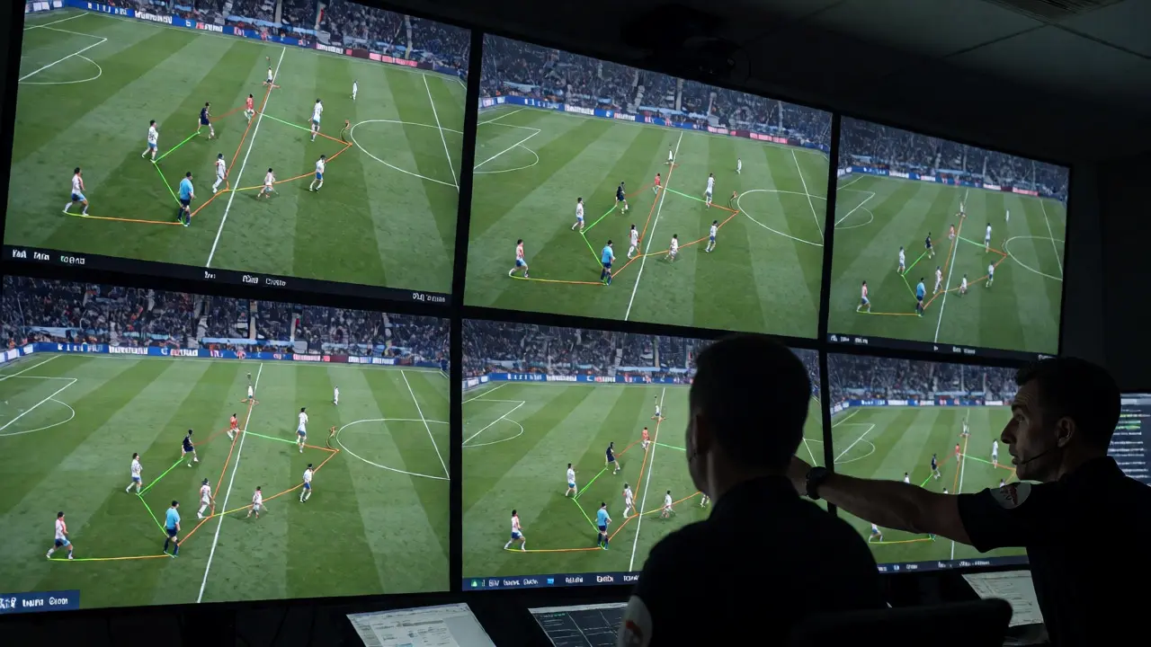 Referejové sledují ofsajdovou situaci na monitorech VAR