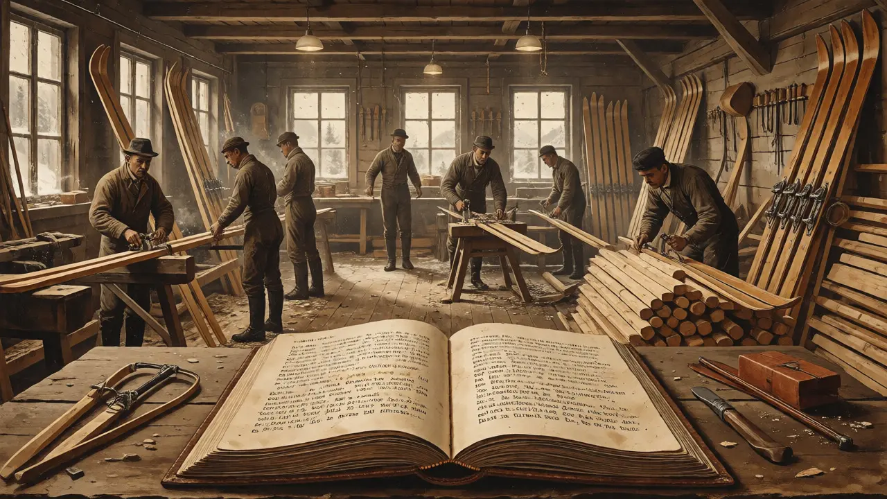Řemeslníci vyrábějící dřevěné lyže v historické dílně z 19. století