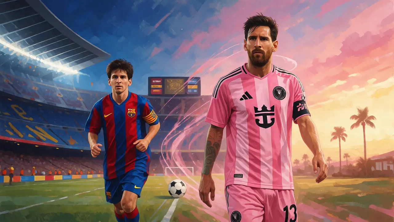 Umělecká ilustrace spojující Messihho éry v Barceloně a Interu Miami