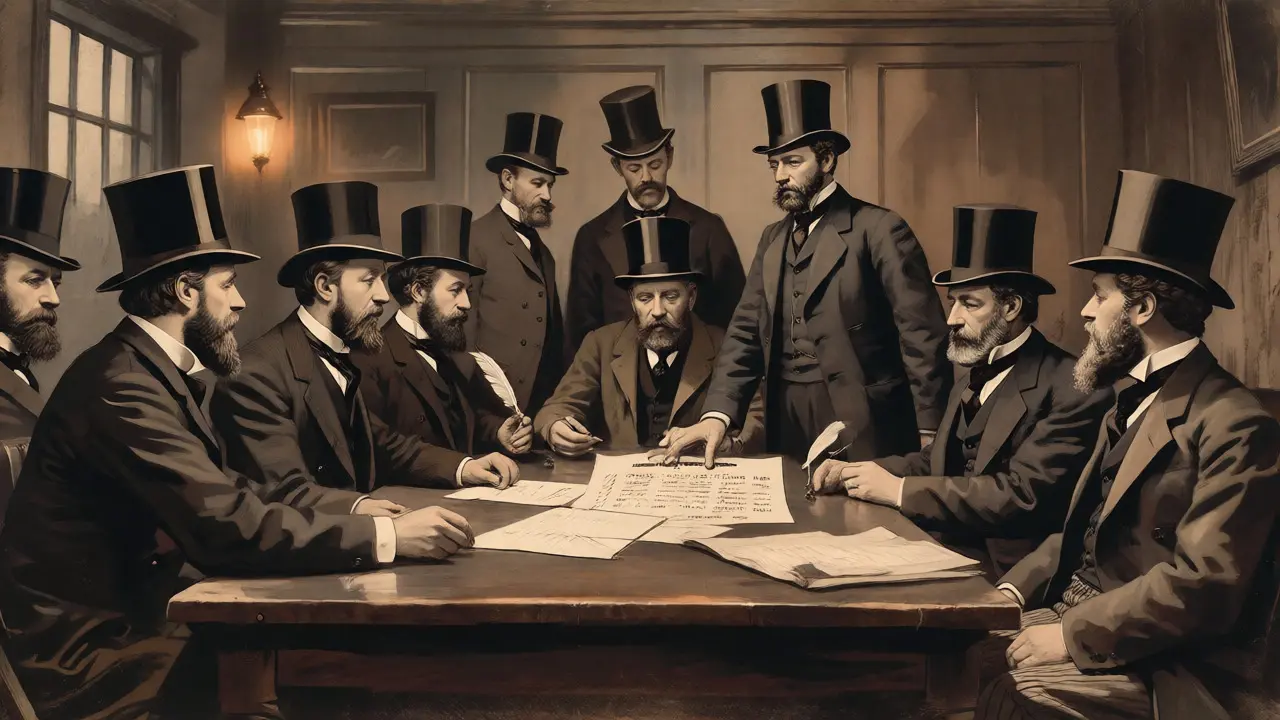 Zakladatelé FA v hospodě Freemasons' Tavern v Londýně roku 1863